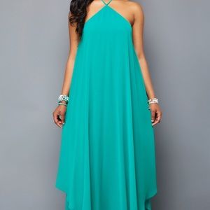 Tie Back Cross Neck Turquoise Chiffon Dress
